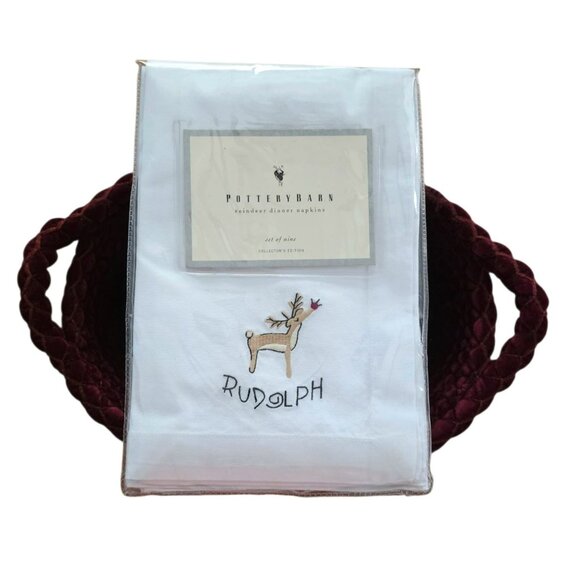 VTG 9 Pottery Barn Reindeer Dinner Napkins Braided Basket Christmas Holiday - Picture 2 of 16